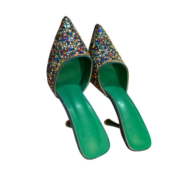 Green Beaded Slide Heels Women's Size 7 Approx Pointed Toe Mule - Picture 3 of 8